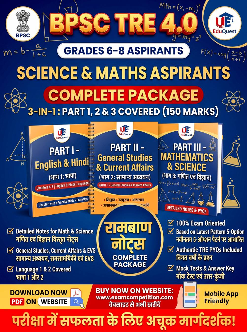 BPSC TRE 4.0 (Classes 6–8) Science & Maths Complete Study Package (Hindi Medium) — Part I, II & III Notes, PYQs & Mock Tests